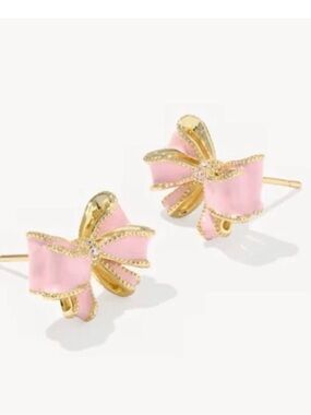 NEW Kendra Scott x LoveShackFancy Pink Bow Stud Earrings Gold Enamel Detail